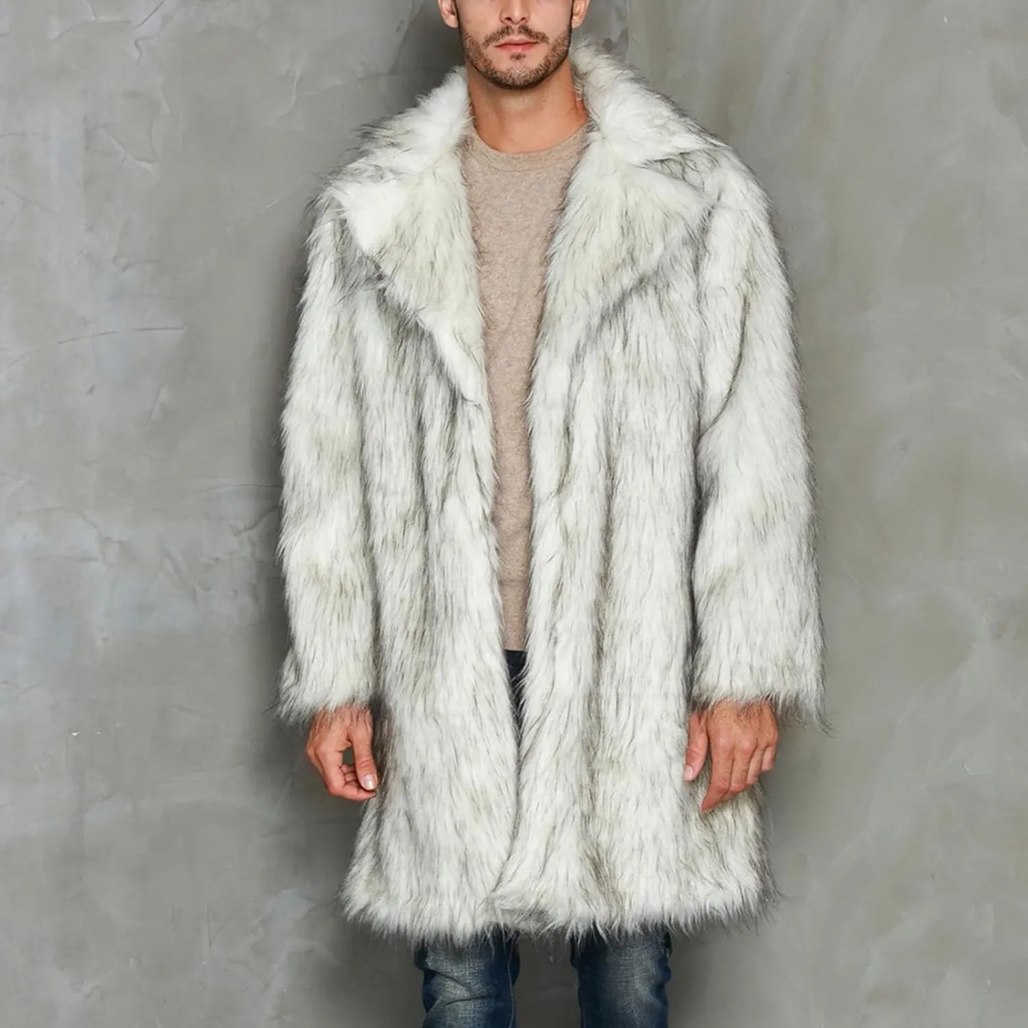 Men's Faux Fur Coat Open Front Thicken Warm Winter Overcoat Luxury Fluffy Soft Lapel Long Jackets Parka Outwear
