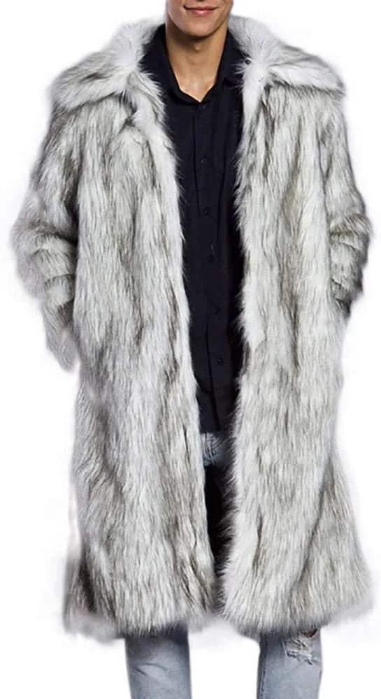 Men's Faux Fur Coat Open Front Thicken Warm Winter Overcoat Luxury Fluffy Soft Lapel Long Jackets Parka Outwear