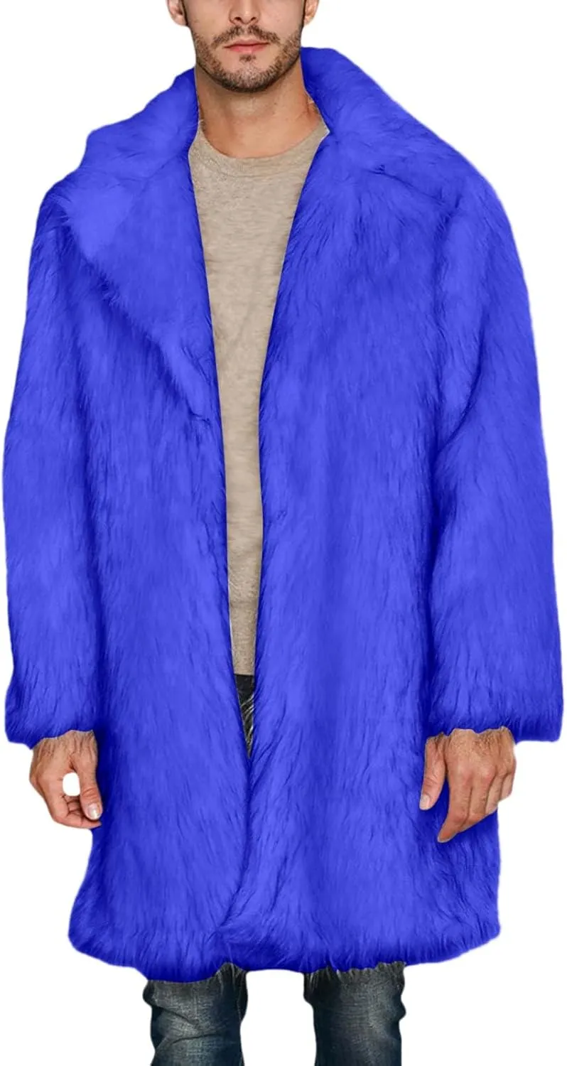 Men's Faux Fur Coat Open Front Thicken Warm Winter Overcoat Luxury Fluffy Soft Lapel Long Jackets Parka Outwear