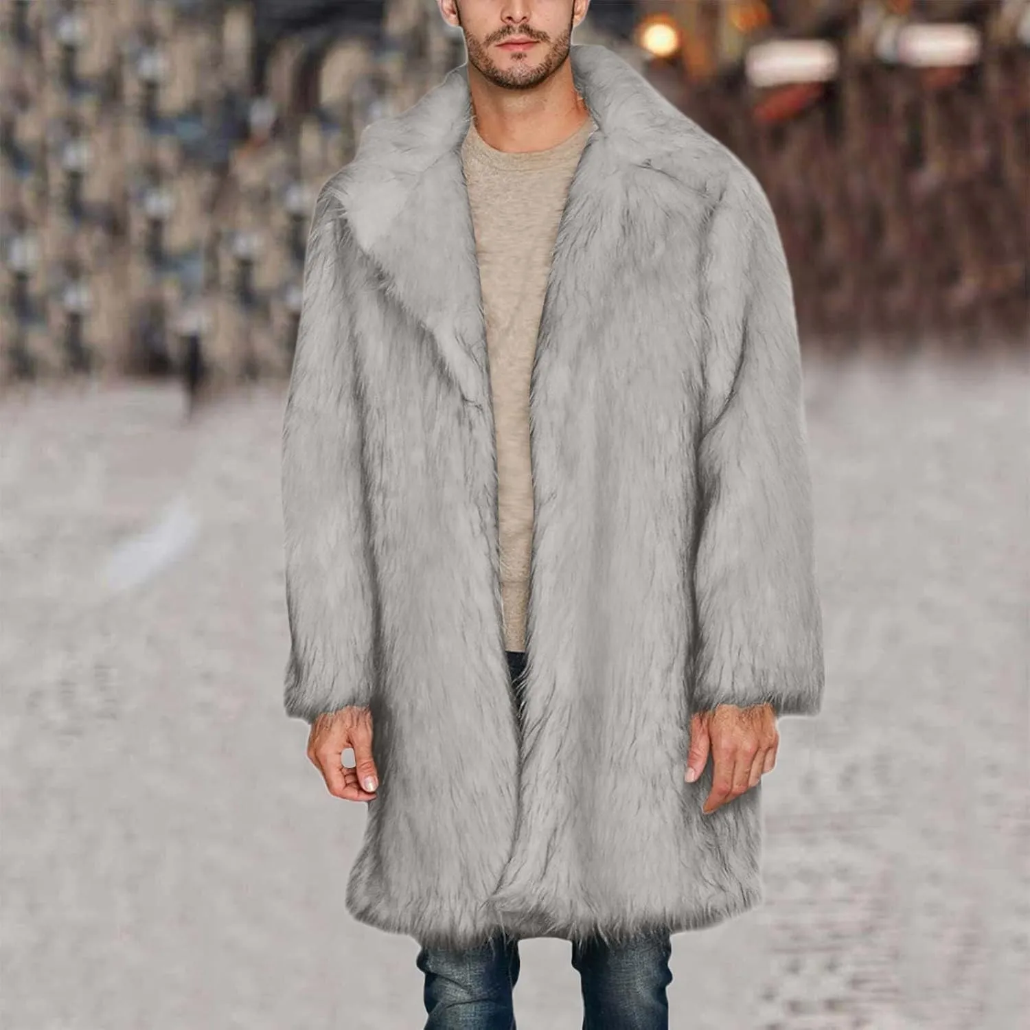 Men's Faux Fur Coat Open Front Thicken Warm Winter Overcoat Luxury Fluffy Soft Lapel Long Jackets Parka Outwear