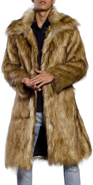 Men's Faux Fur Coat Open Front Thicken Warm Winter Overcoat Luxury Fluffy Soft Lapel Long Jackets Parka Outwear