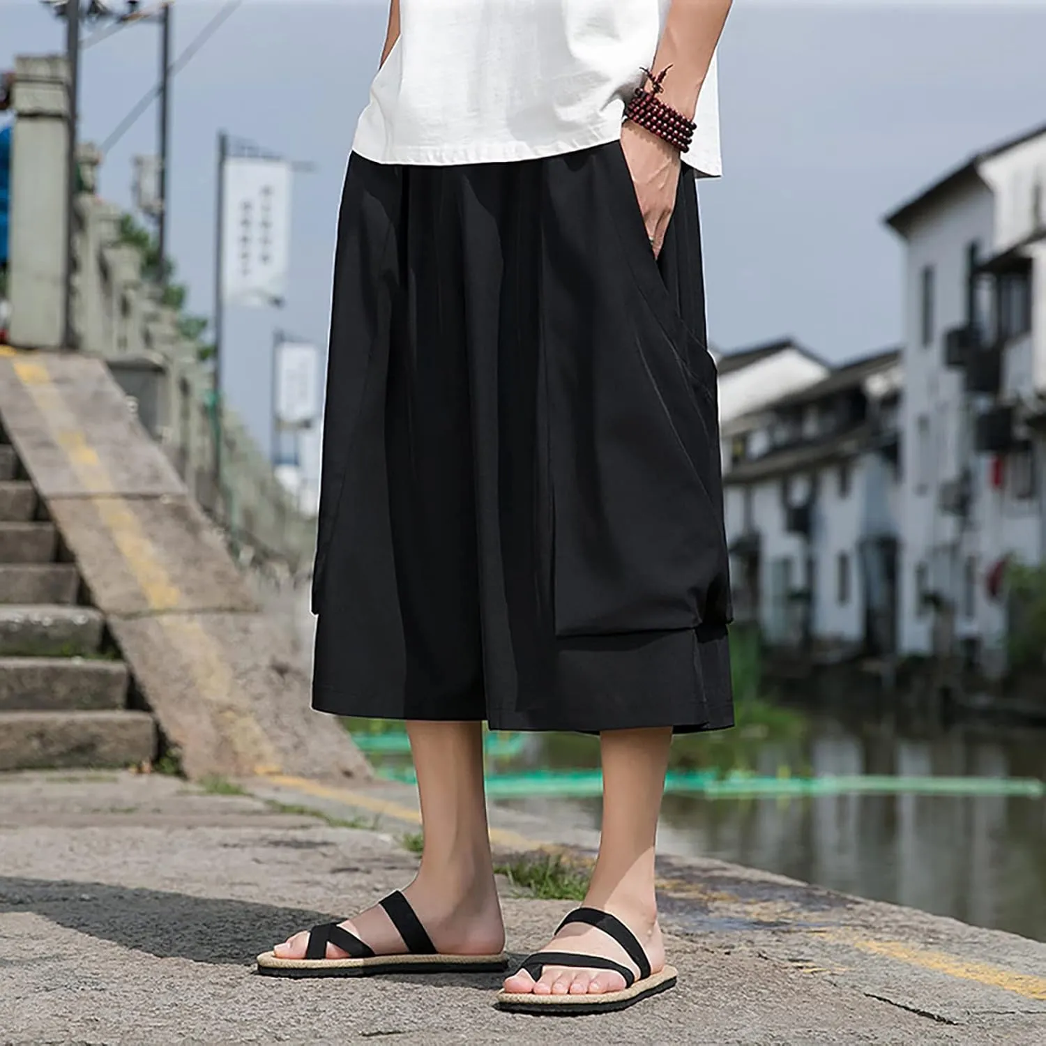 Men's Harem Capri Pants Wide Leg Capris Summer Beach Pant Lightweight Elastic Waist Casual Baggy Pants Cropped Trouser