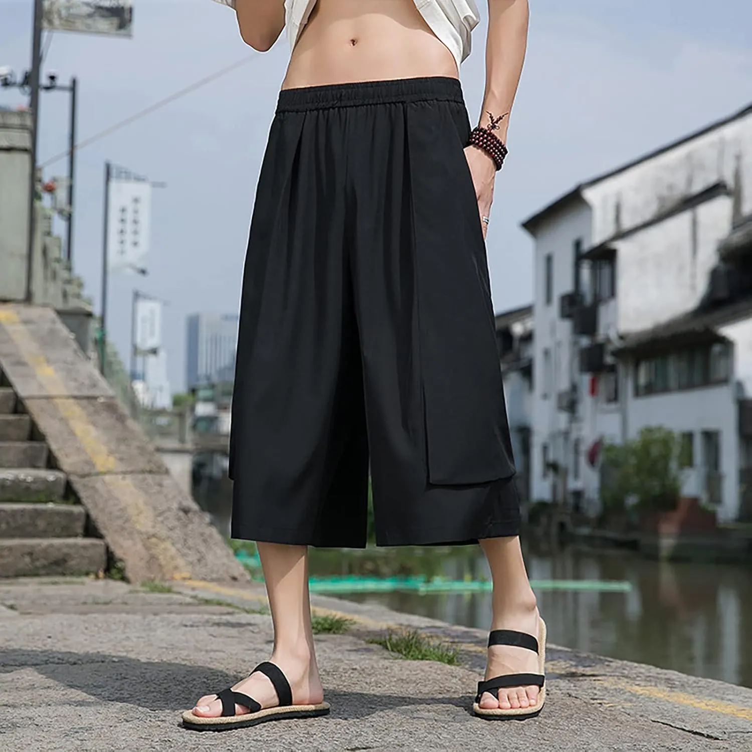Men's Harem Capri Pants Wide Leg Capris Summer Beach Pant Lightweight Elastic Waist Casual Baggy Pants Cropped Trouser