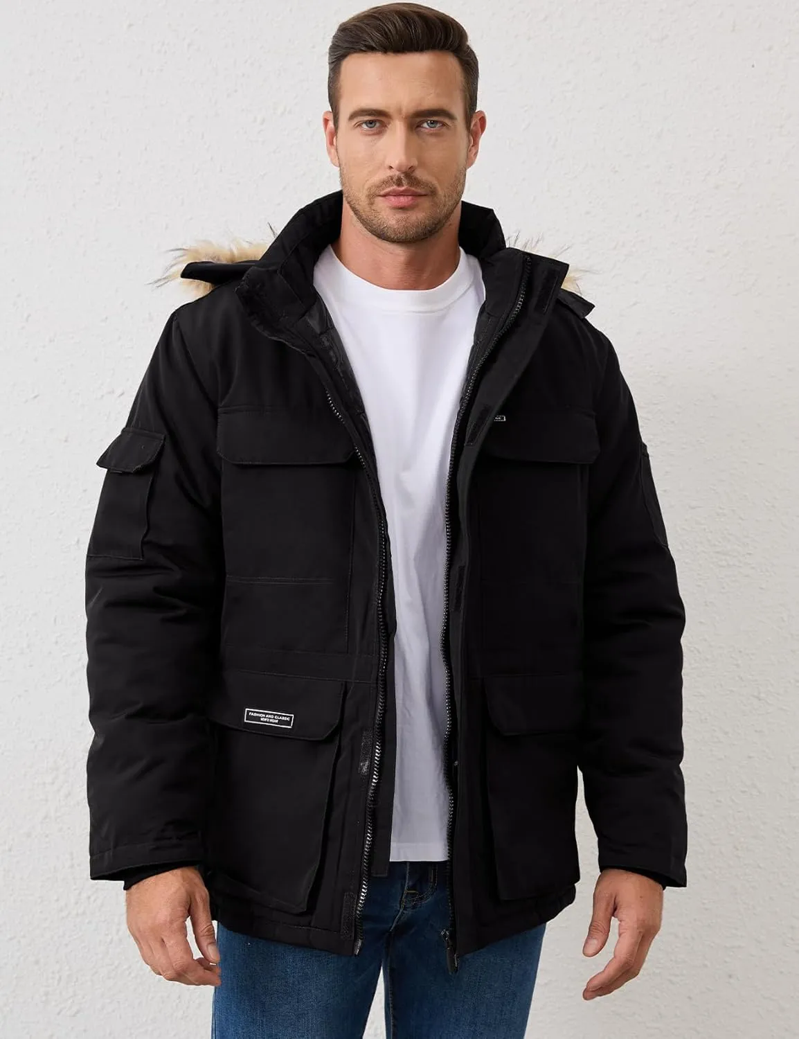 Mens Hooded Puffer Jacket Winter Warm Quilted Parka Windbreaker Multi-Pockets Padded Coat with Faux Fur Removable Hood