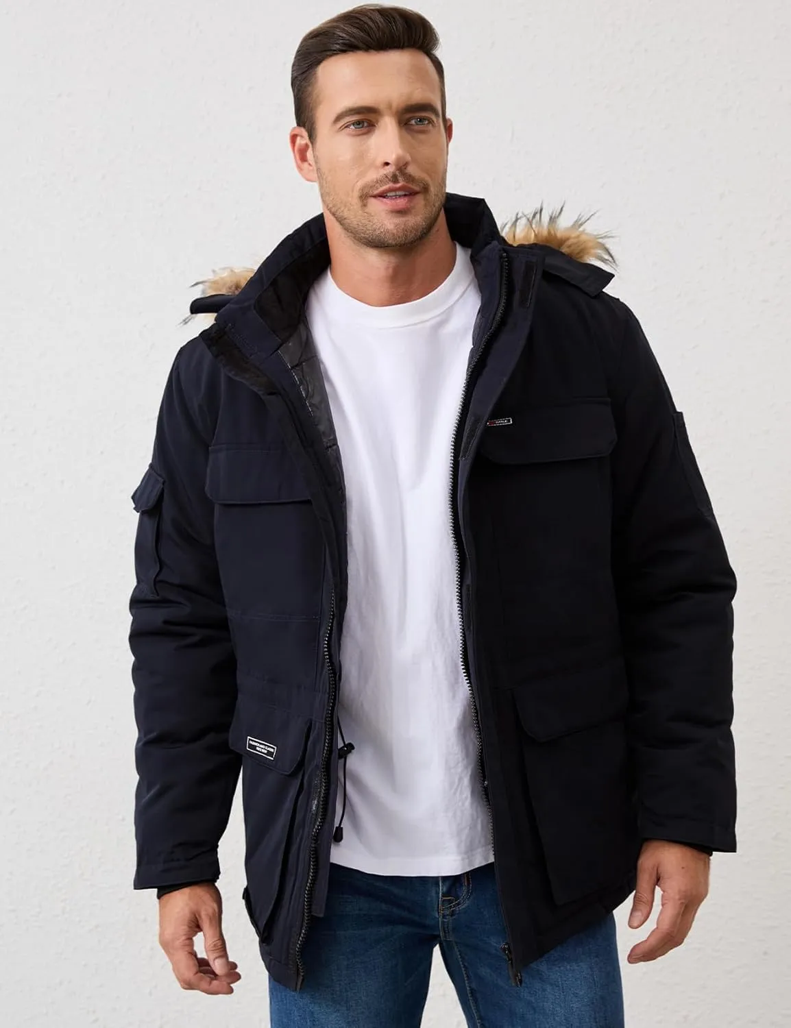 Mens Hooded Puffer Jacket Winter Warm Quilted Parka Windbreaker Multi-Pockets Padded Coat with Faux Fur Removable Hood