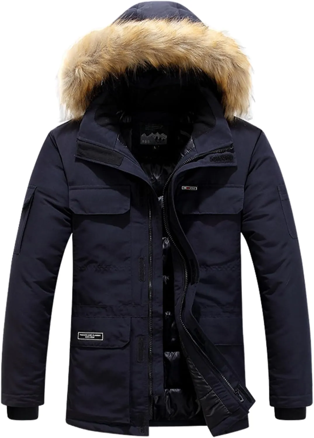 Mens Hooded Puffer Jacket Winter Warm Quilted Parka Windbreaker Multi-Pockets Padded Coat with Faux Fur Removable Hood