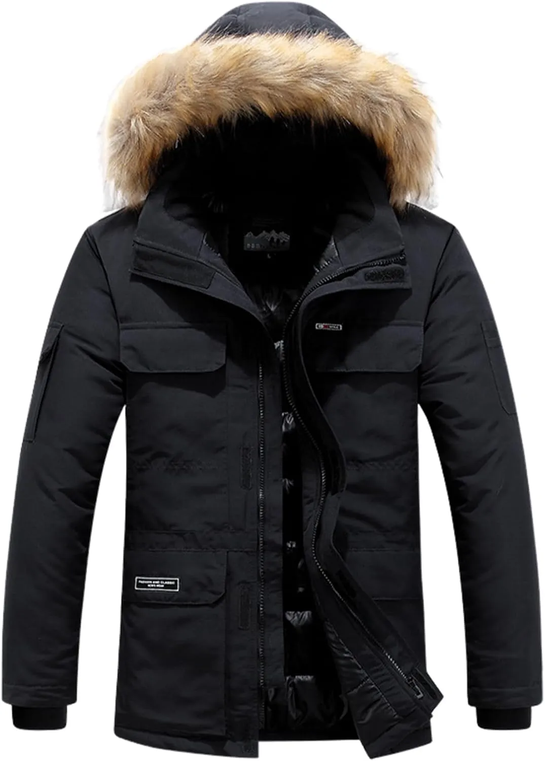Mens Hooded Puffer Jacket Winter Warm Quilted Parka Windbreaker Multi-Pockets Padded Coat with Faux Fur Removable Hood