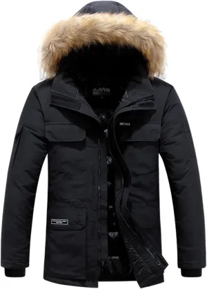 Mens Hooded Puffer Jacket Winter Warm Quilted Parka Windbreaker Multi-Pockets Padded Coat with Faux Fur Removable Hood