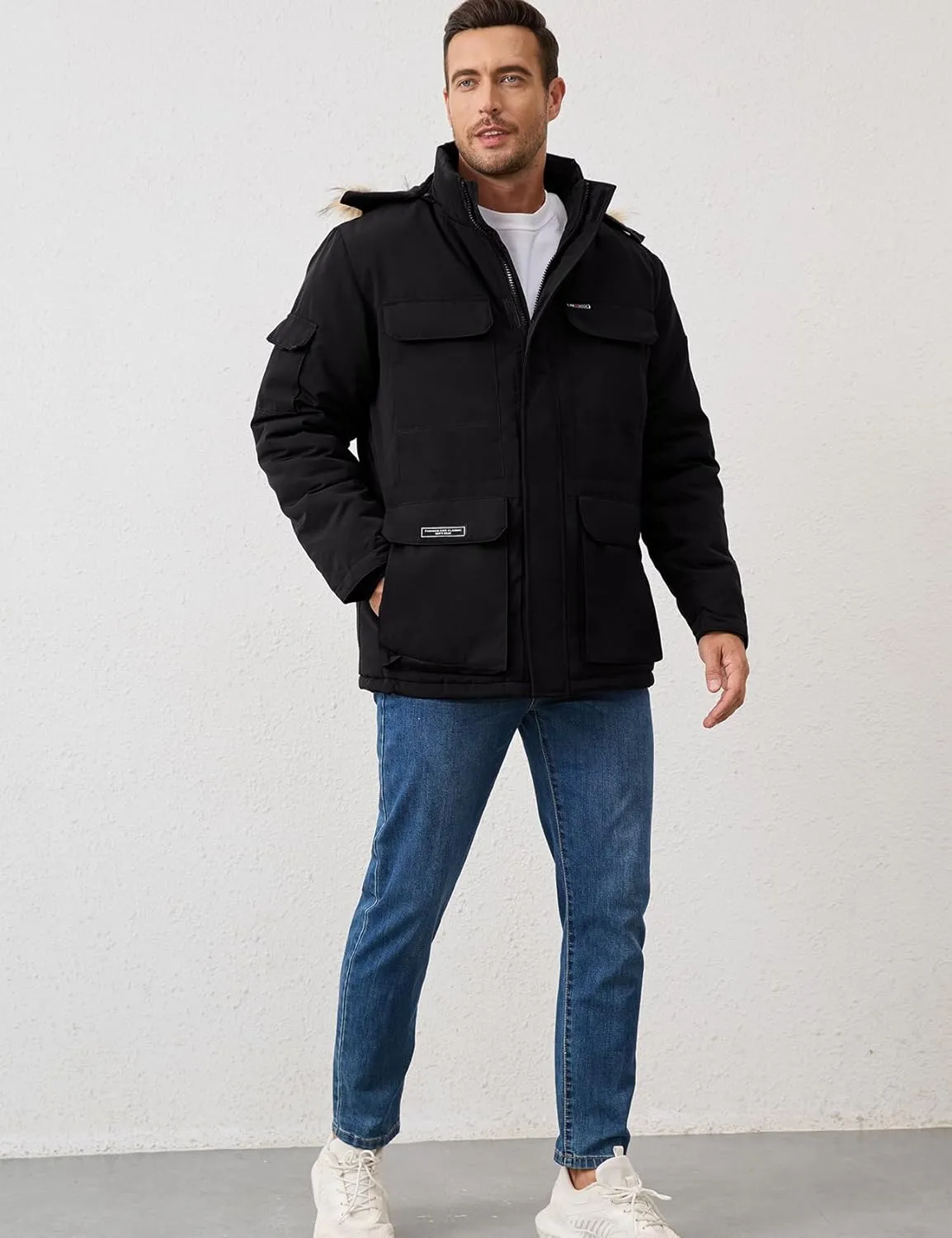 Mens Hooded Puffer Jacket Winter Warm Quilted Parka Windbreaker Multi-Pockets Padded Coat with Faux Fur Removable Hood