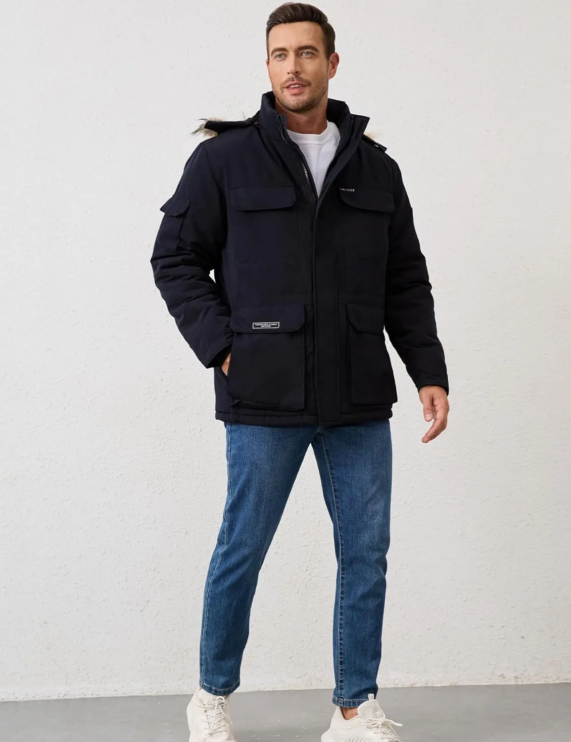 Mens Hooded Puffer Jacket Winter Warm Quilted Parka Windbreaker Multi-Pockets Padded Coat with Faux Fur Removable Hood