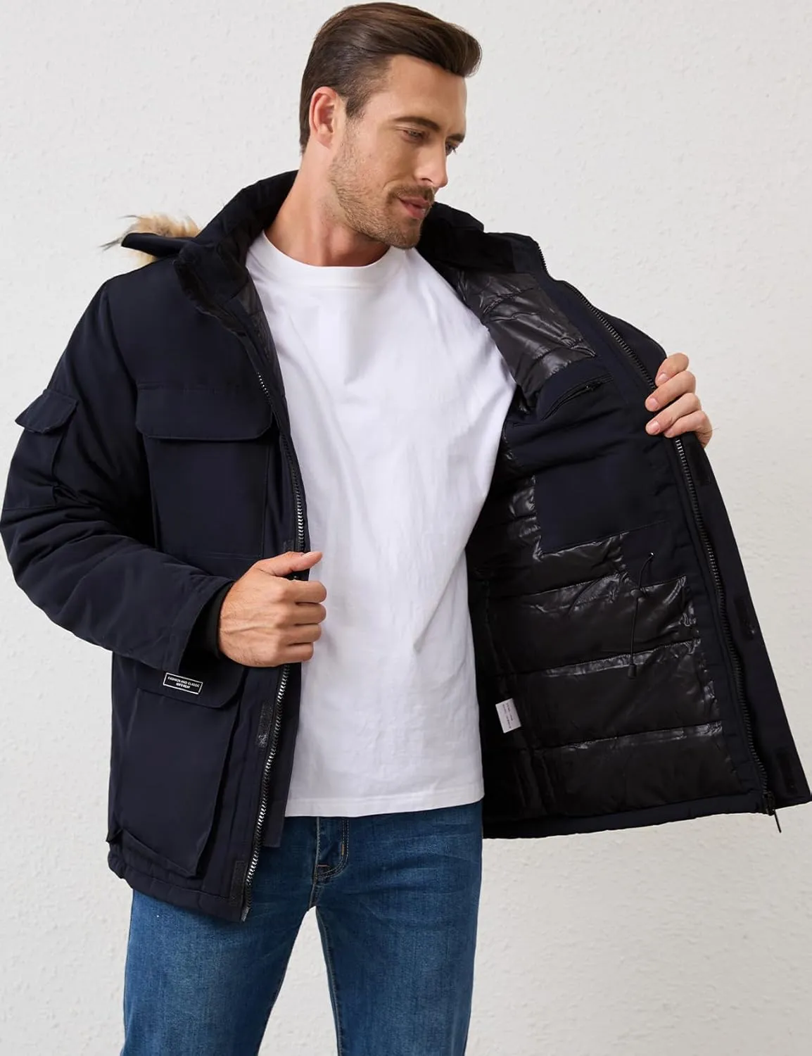 Mens Hooded Puffer Jacket Winter Warm Quilted Parka Windbreaker Multi-Pockets Padded Coat with Faux Fur Removable Hood
