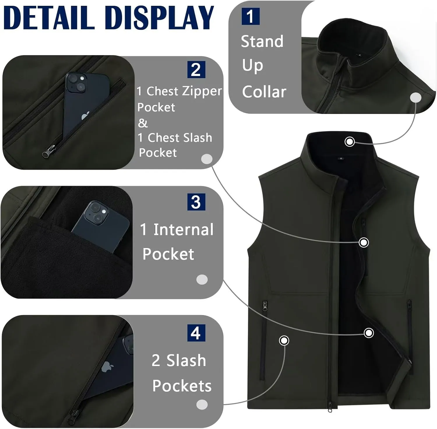 Men's Lightweight Softshell Vest Outerwear Windproof Puffer Sleeveless Jacket for Golf Running