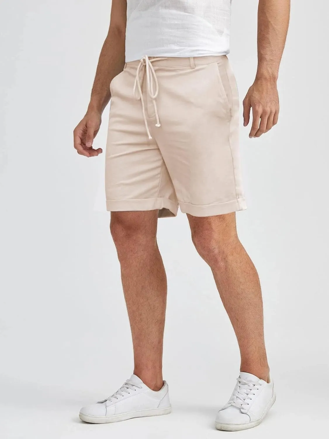 Men's Linen Casual Classic Short Elastic Waist Summer Beach Lightweight Board Slim-Fit with Pockets
