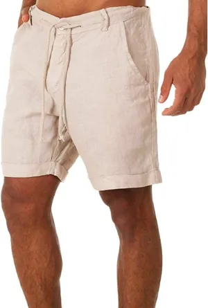 Men's Linen Casual Classic Short Elastic Waist Summer Beach Lightweight Board Slim-Fit with Pockets