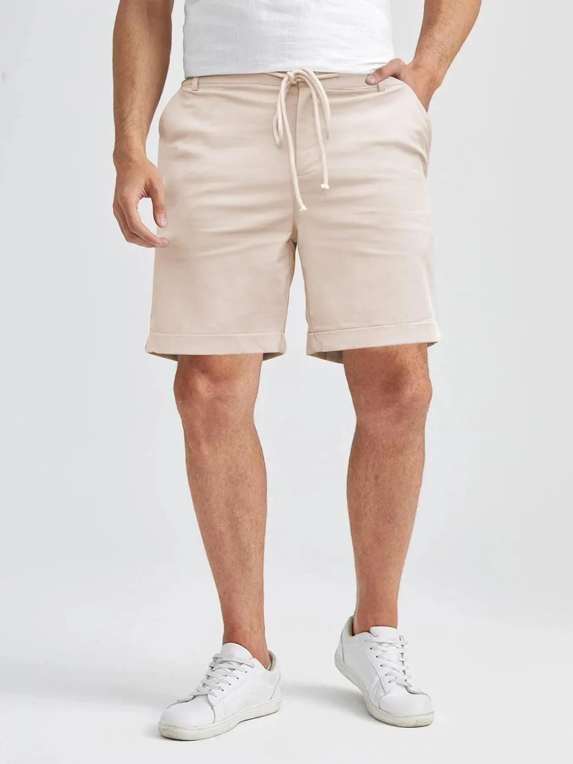 Men's Linen Casual Classic Short Elastic Waist Summer Beach Lightweight Board Slim-Fit with Pockets