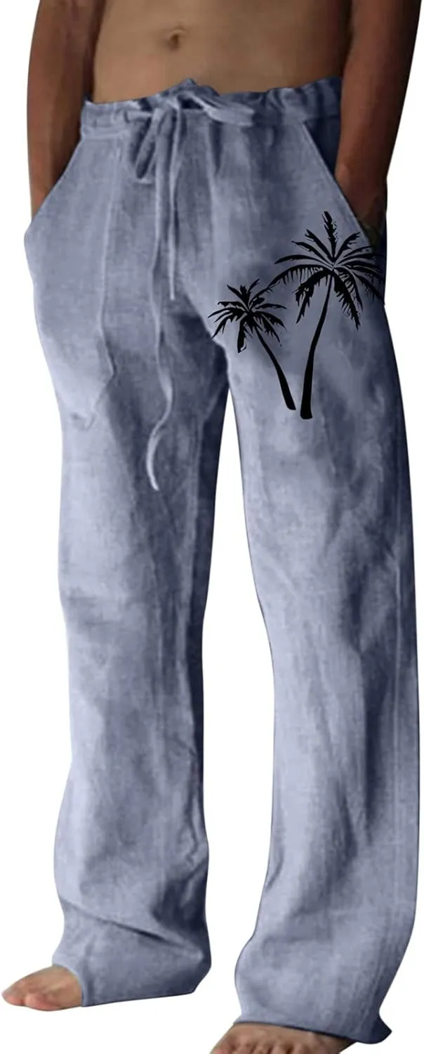 Mens Linen Drawstring Pants Elastic Waist Lightweight Trouser Casual Yoga Summer Beach Pant