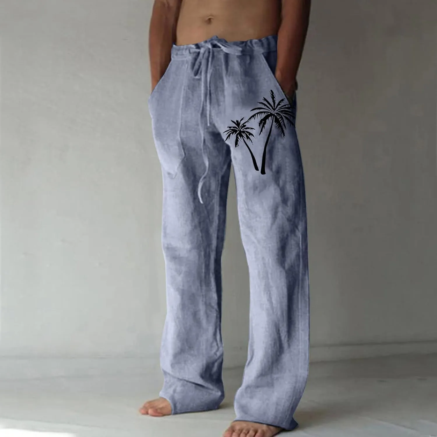 Mens Linen Drawstring Pants Elastic Waist Lightweight Trouser Casual Yoga Summer Beach Pant