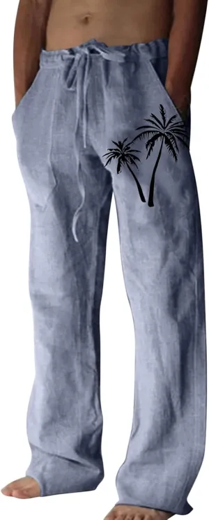 Mens Linen Drawstring Pants Elastic Waist Lightweight Trouser Casual Yoga Summer Beach Pant