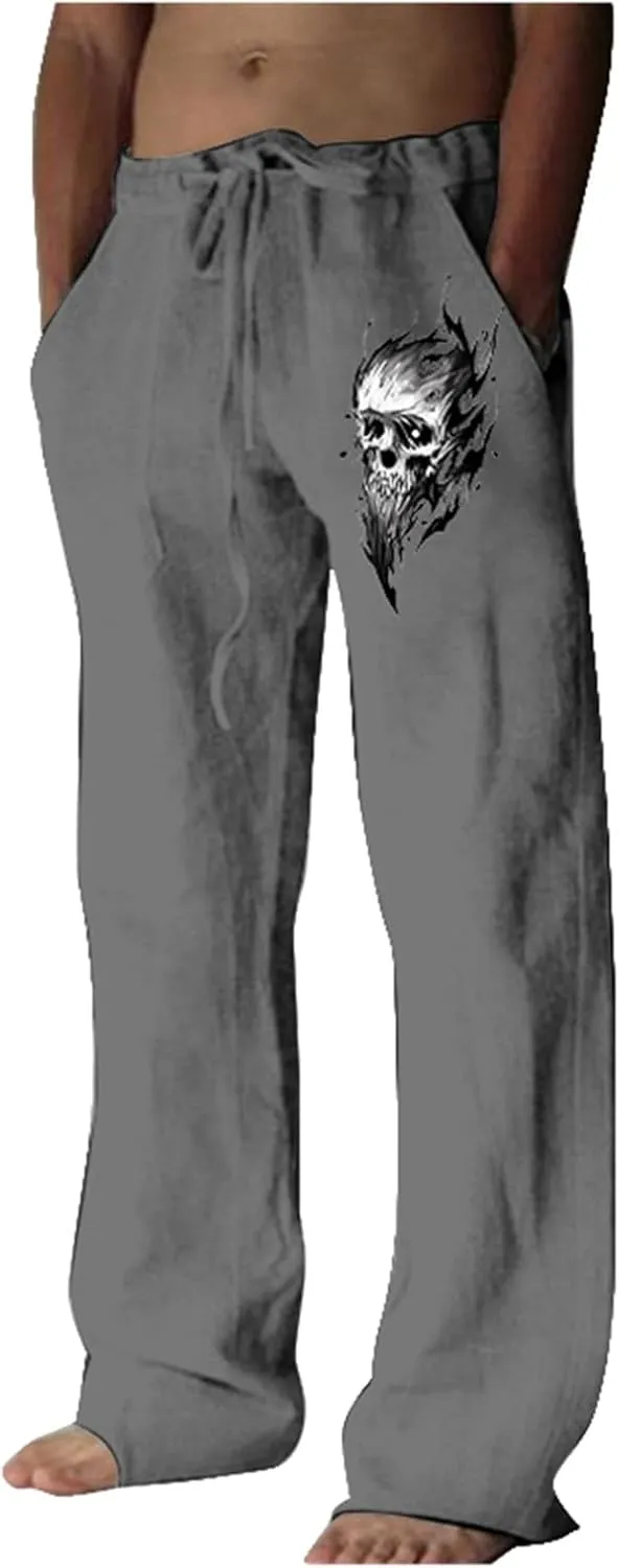 Men's Linen Pants Loose Fit Skull Printed Lightweight Pants Casual Elastic Waist Summer Pant with Pockets