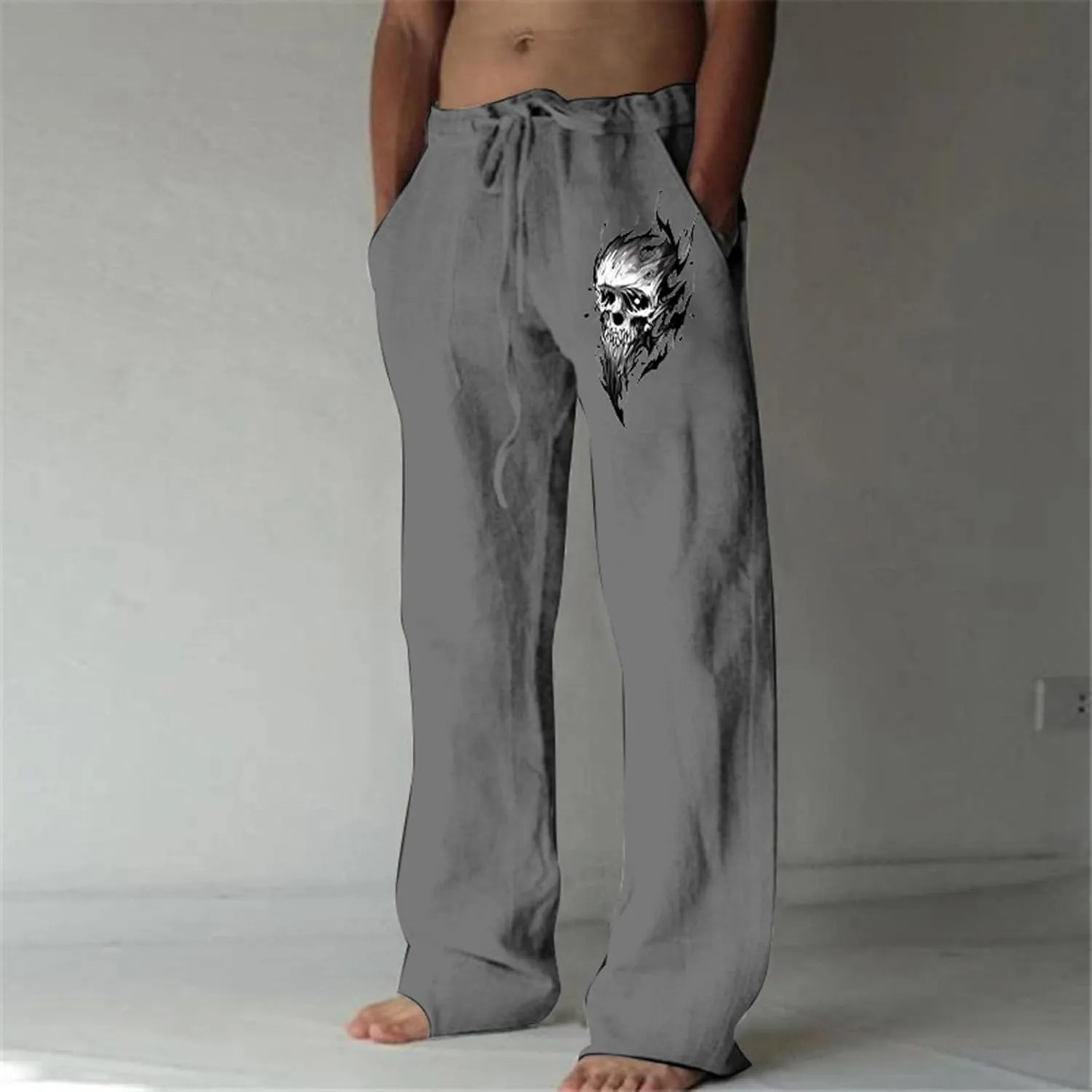 Men's Linen Pants Loose Fit Skull Printed Lightweight Pants Casual Elastic Waist Summer Pant with Pockets