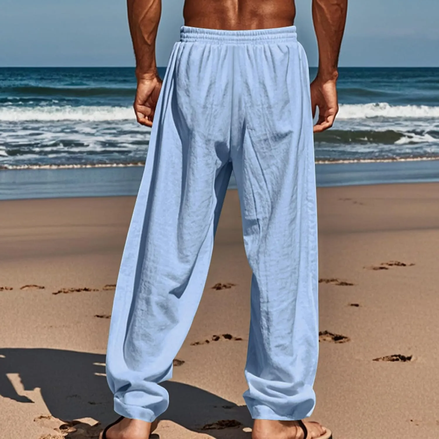 Mens Linen Pants Yoga Beach Loose Fit Casual Summer Elastic Waist Drawstring Baggy Trousers with Pockets