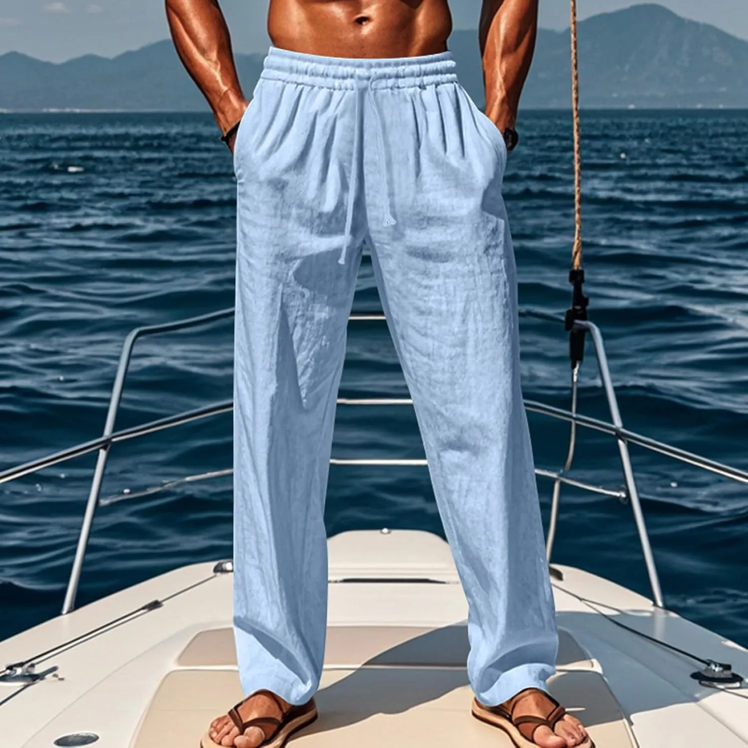 Mens Linen Pants Yoga Beach Loose Fit Casual Summer Elastic Waist Drawstring Baggy Trousers with Pockets