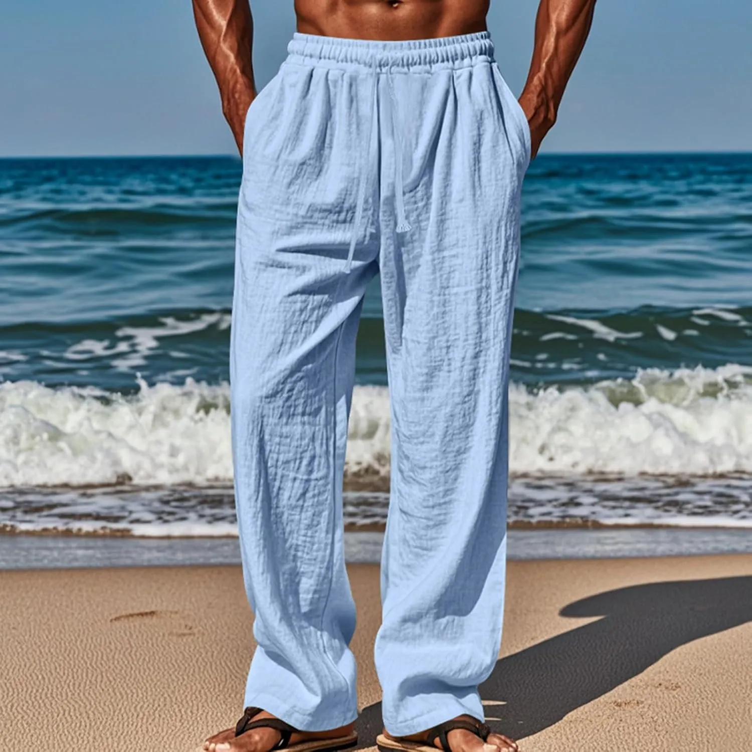 Mens Linen Pants Yoga Beach Loose Fit Casual Summer Elastic Waist Drawstring Baggy Trousers with Pockets