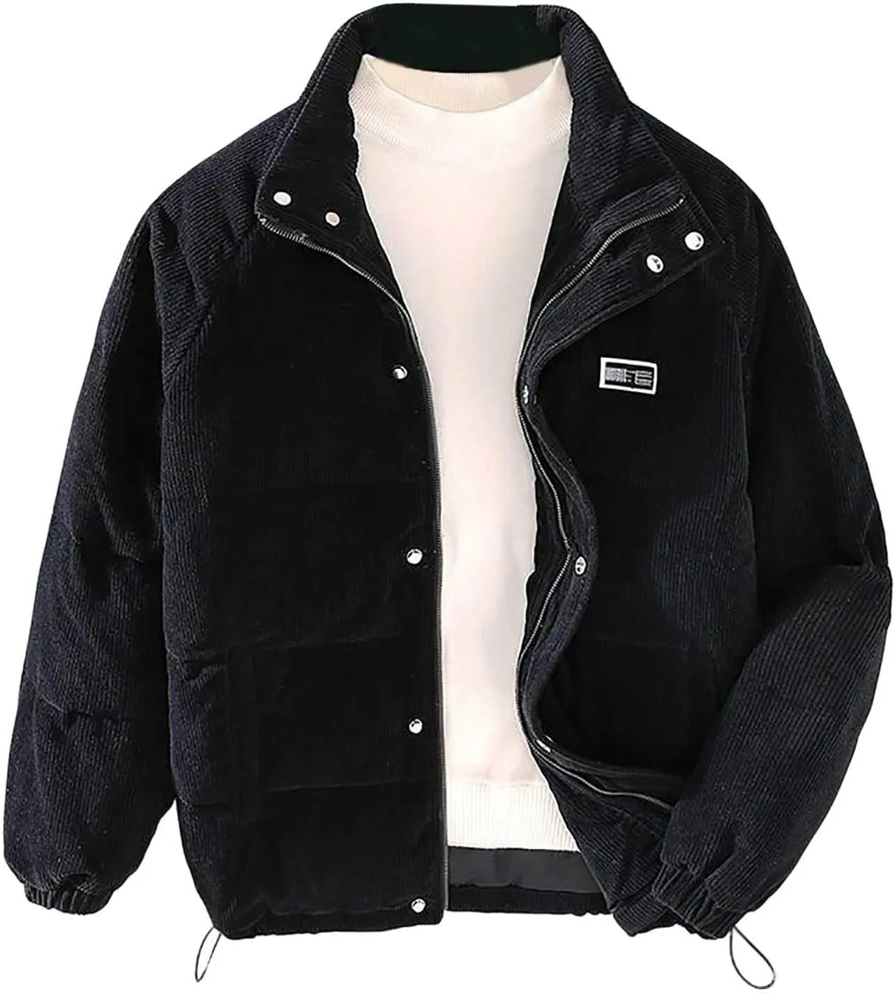 Mens Quilted Jacket Stand Collar Casual Zip Up Lightweight Down Jacket Drawstring Button Winter Coat with Pockets