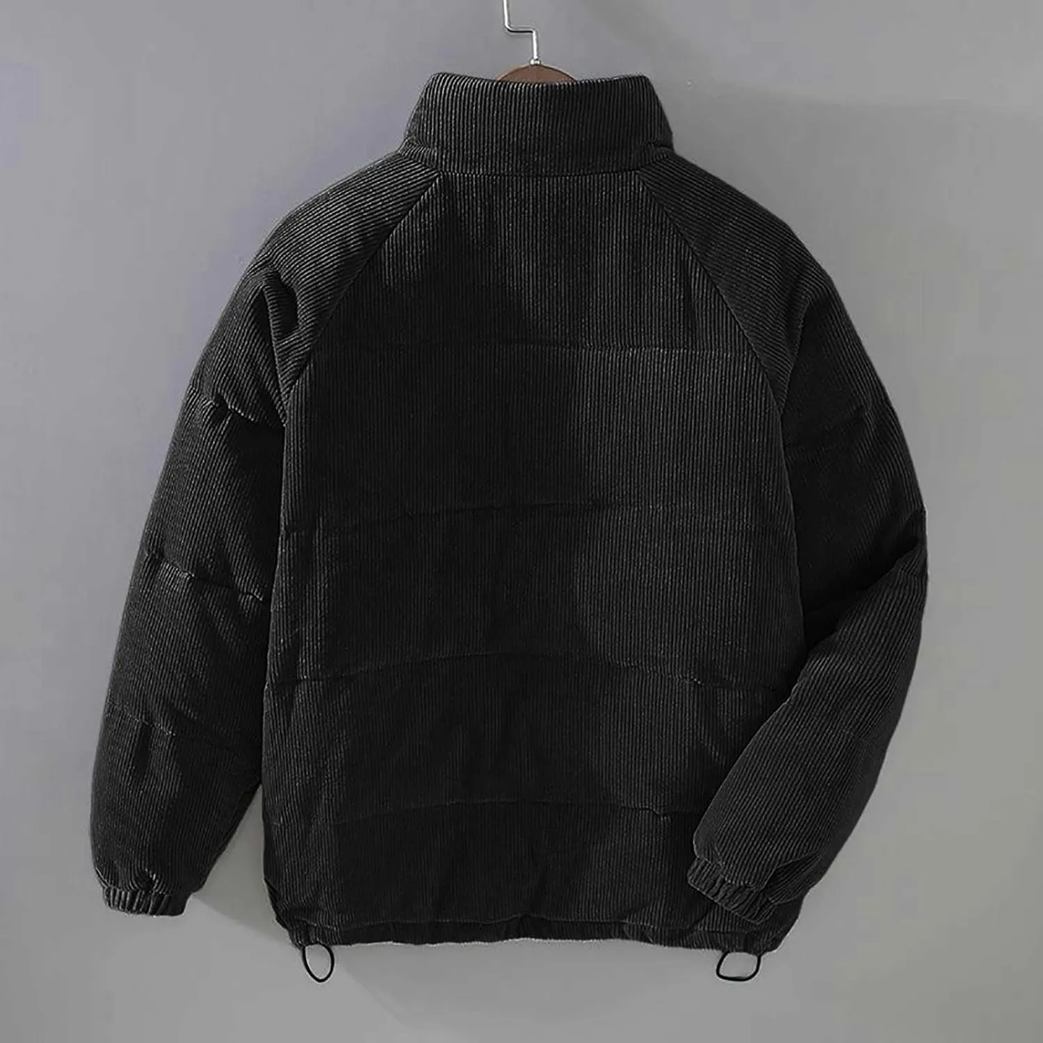 Mens Quilted Jacket Stand Collar Casual Zip Up Lightweight Down Jacket Drawstring Button Winter Coat with Pockets
