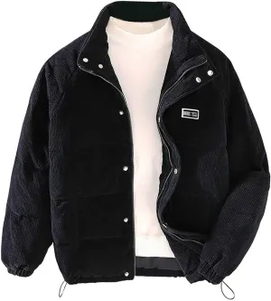 Mens Quilted Jacket Stand Collar Casual Zip Up Lightweight Down Jacket Drawstring Button Winter Coat with Pockets
