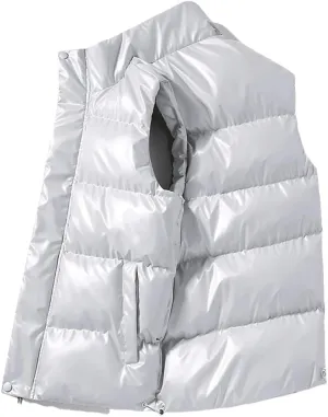 Men's Sleeveless Jacket Shiny Vest Winter Warm Pockets Cotton Padded Jackets Male Black Autumn Waistcoat