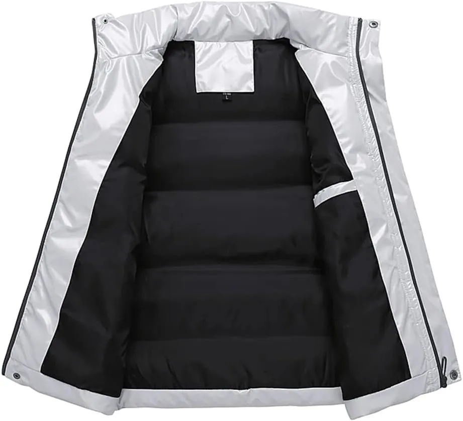 Men's Sleeveless Jacket Shiny Vest Winter Warm Pockets Cotton Padded Jackets Male Black Autumn Waistcoat
