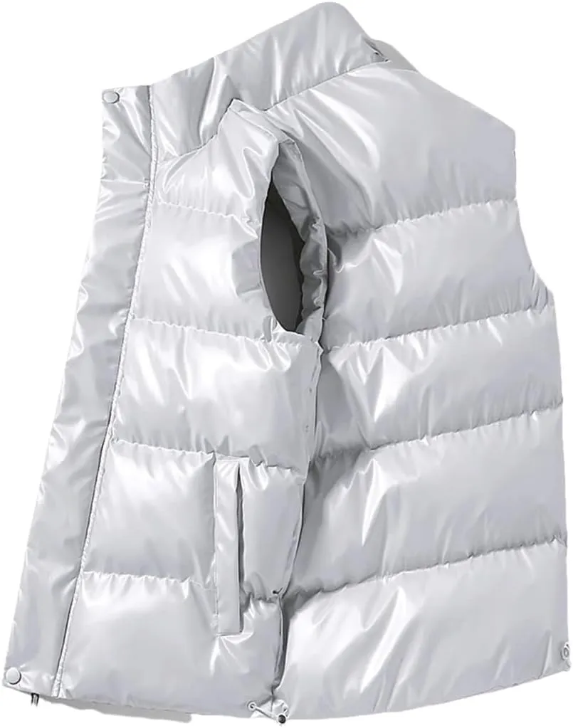 Men's Sleeveless Jacket Shiny Vest Winter Warm Pockets Cotton Padded Jackets Male Black Autumn Waistcoat