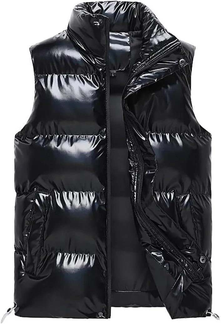 Men's Sleeveless Jacket Shiny Vest Winter Warm Pockets Cotton Padded Jackets Male Black Autumn Waistcoat