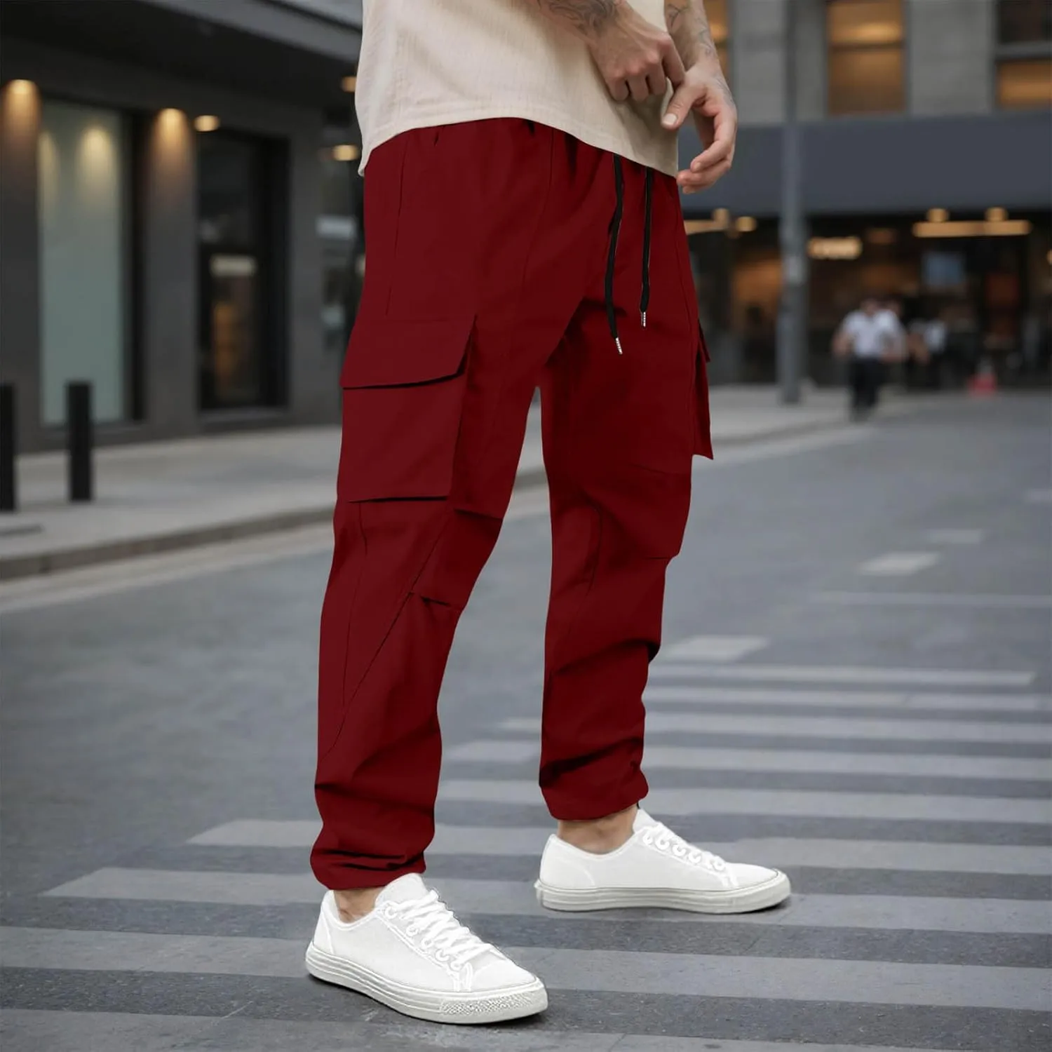 Mens Stretch Work Trousers Working Tactical Linen Elastic Waist Skinny Bike Athletic Basketball Leather Cargo Joggers