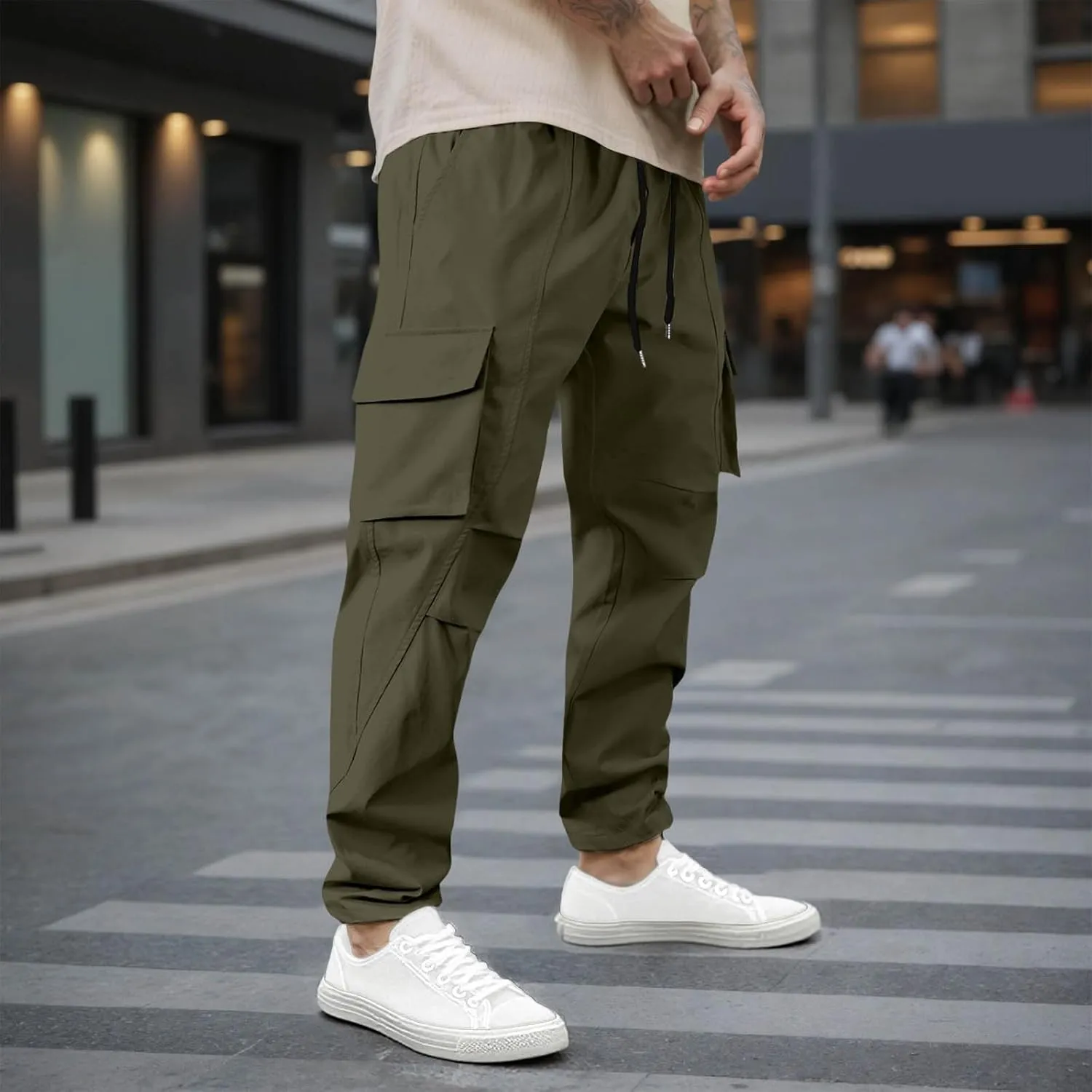 Mens Stretch Work Trousers Working Tactical Linen Elastic Waist Skinny Bike Athletic Basketball Leather Cargo Joggers
