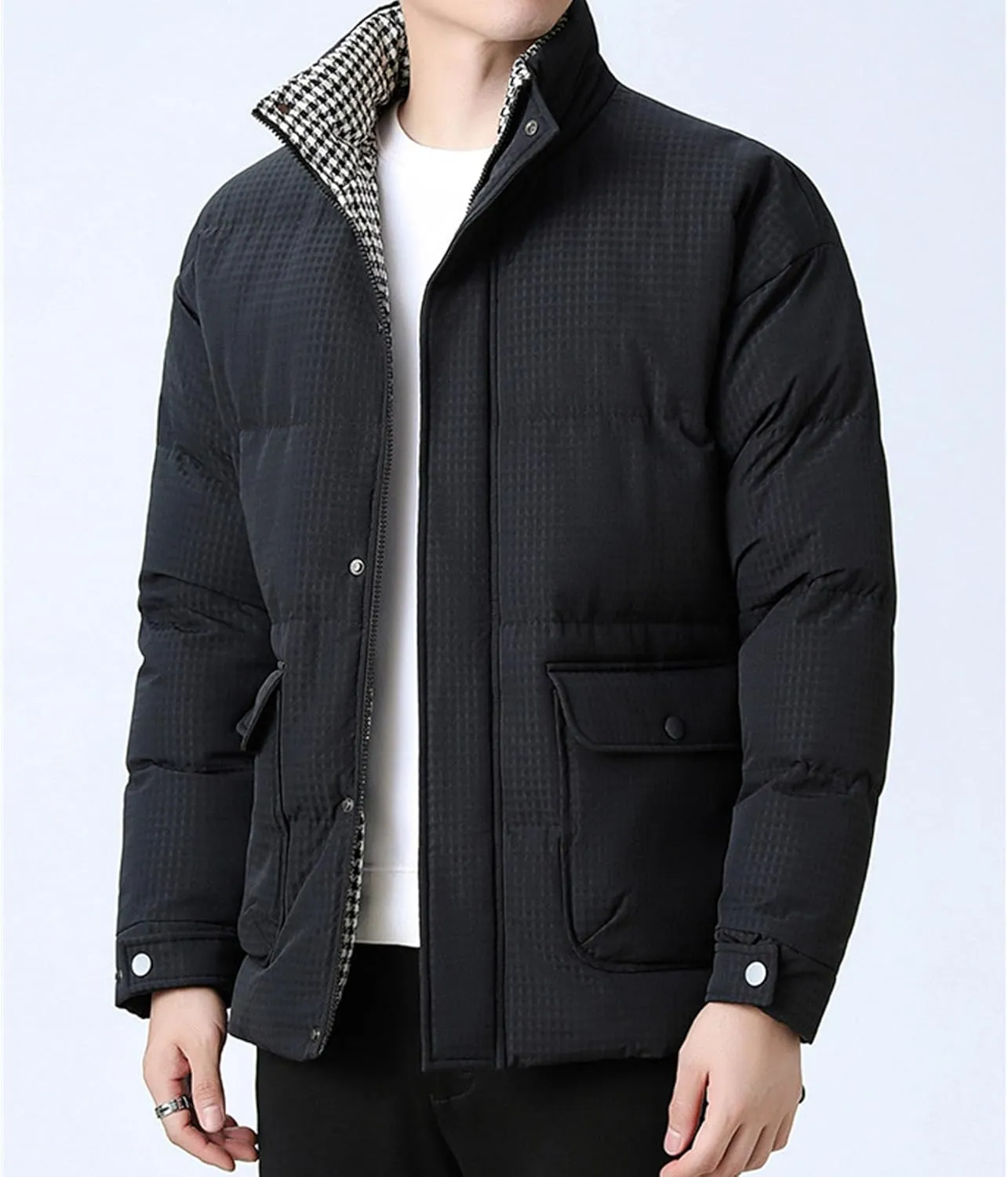Men's Windproof Winter Puffer Coats Casual Stand Collar Cotton Outwear Full Zipper Bread Winter Padded Jacket
