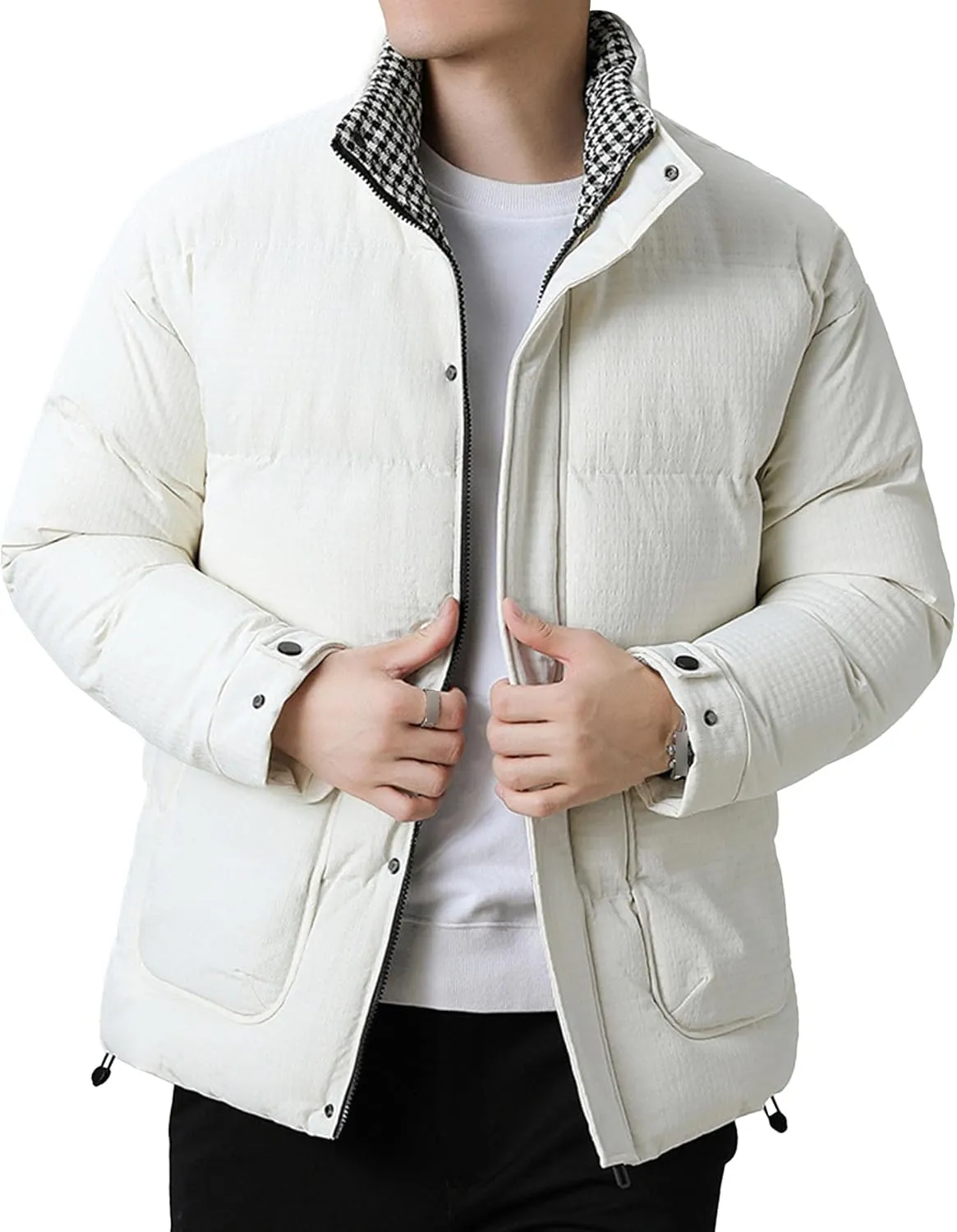 Men's Windproof Winter Puffer Coats Casual Stand Collar Cotton Outwear Full Zipper Bread Winter Padded Jacket