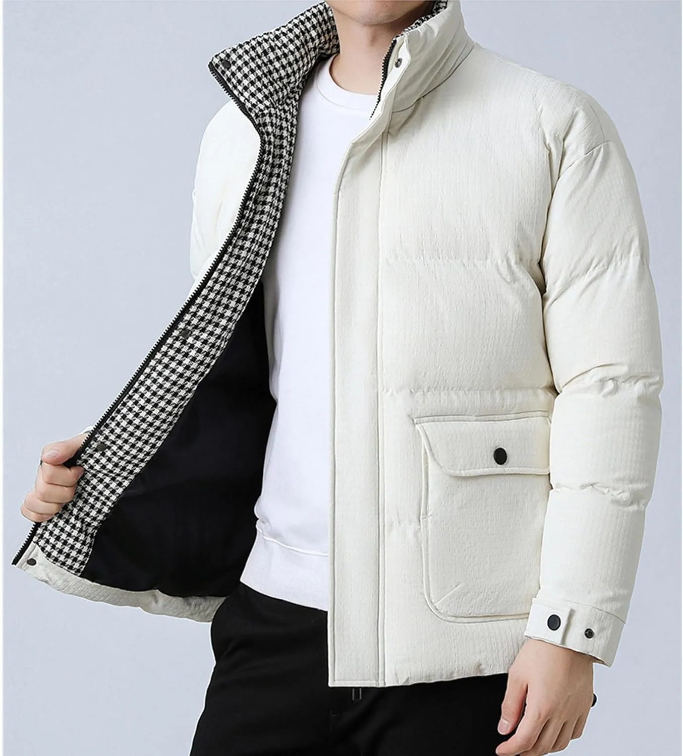 Men's Windproof Winter Puffer Coats Casual Stand Collar Cotton Outwear Full Zipper Bread Winter Padded Jacket