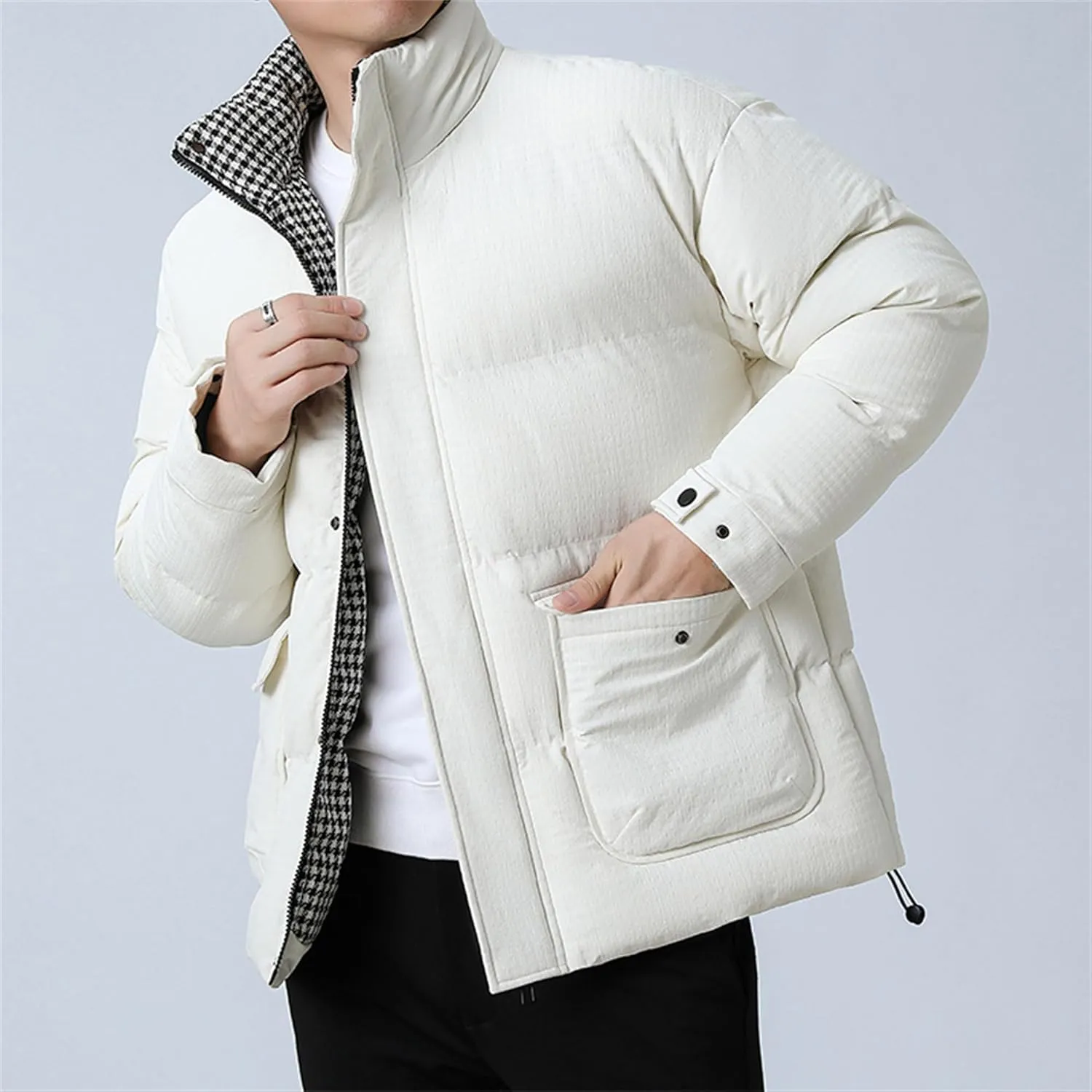 Men's Windproof Winter Puffer Coats Casual Stand Collar Cotton Outwear Full Zipper Bread Winter Padded Jacket