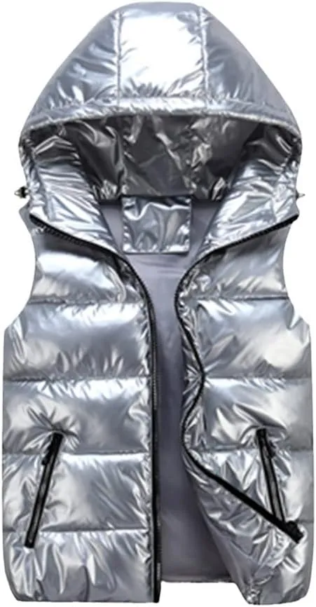 Men's Winter Vest Silver Cotton-Padded Hooded Coats Sleeveless Jackets Casual Thick Waistcoats