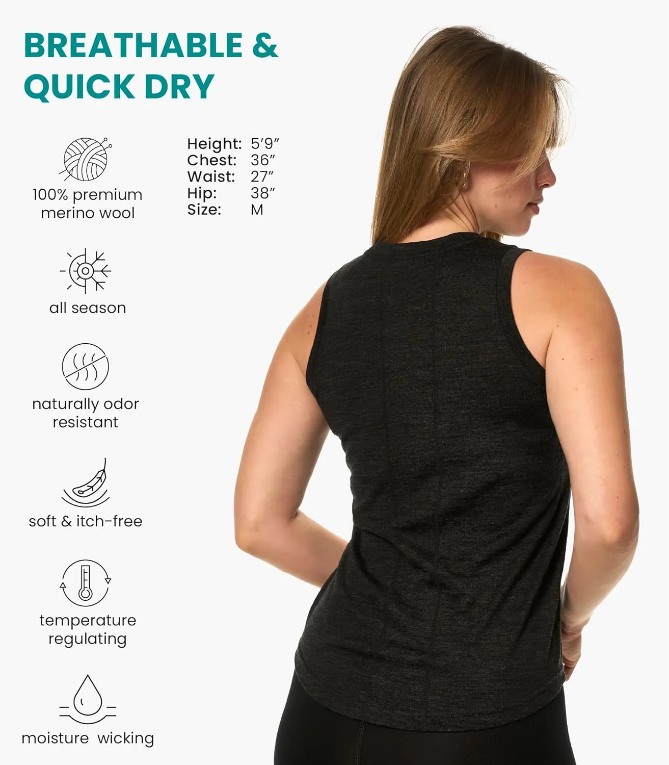 Merino Wool Tank Top Women - Active Merino Wool Undershirt Moisture Wicking Breathable Anti-Odor Lightweight Base Layer