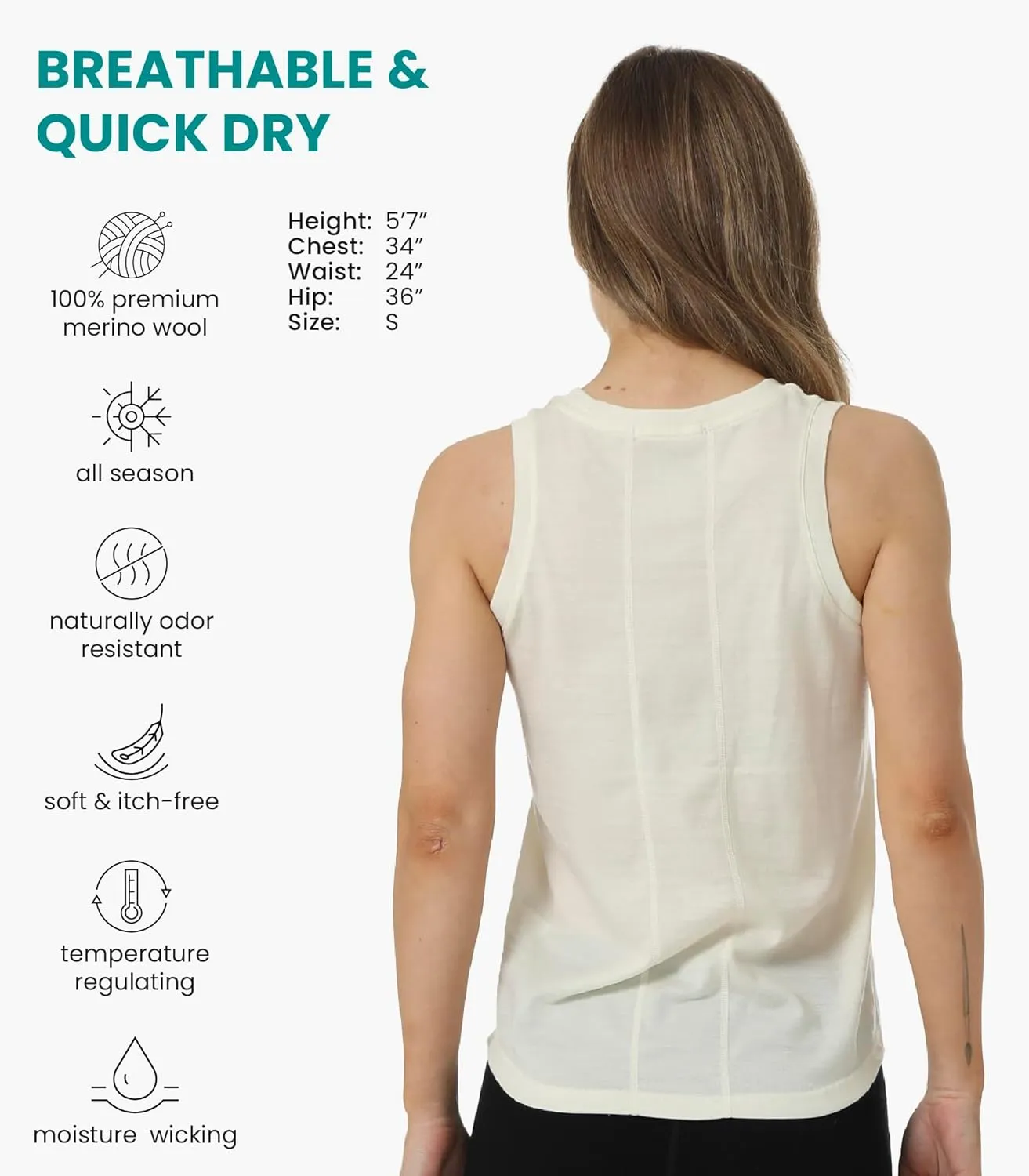 Merino Wool Tank Top Women - Active Merino Wool Undershirt Moisture Wicking Breathable Anti-Odor Lightweight Base Layer