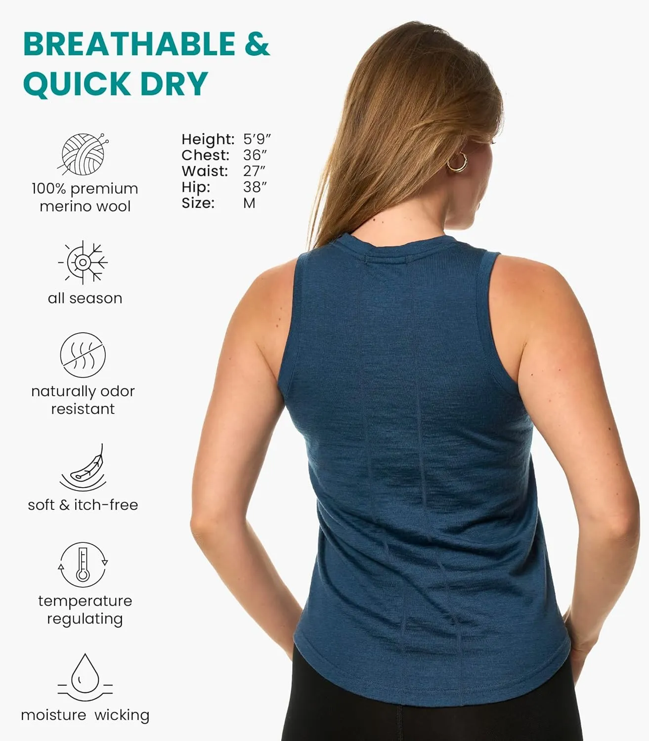 Merino Wool Tank Top Women - Active Merino Wool Undershirt Moisture Wicking Breathable Anti-Odor Lightweight Base Layer