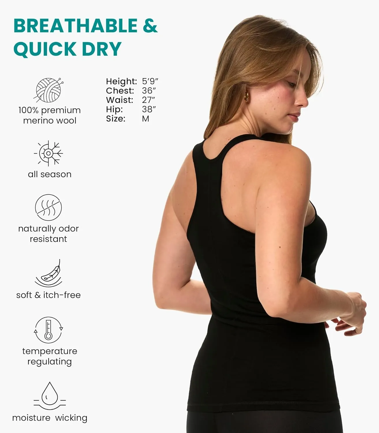 Merino Wool Tank Top Women - Active Merino Wool Undershirt Moisture Wicking Breathable Anti-Odor Lightweight Base Layer