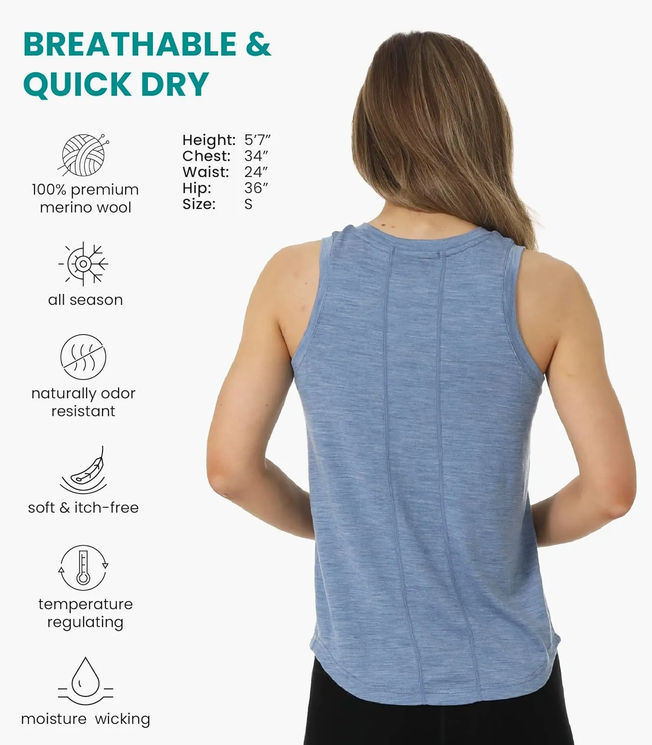 Merino Wool Tank Top Women - Active Merino Wool Undershirt Moisture Wicking Breathable Anti-Odor Lightweight Base Layer