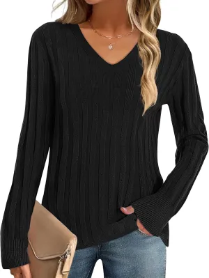 MEROKEETY Women's 2024 Fall V Neck Sweater Long Sleeve Ribbed Knit Casual Slim Fitted Pullover Top