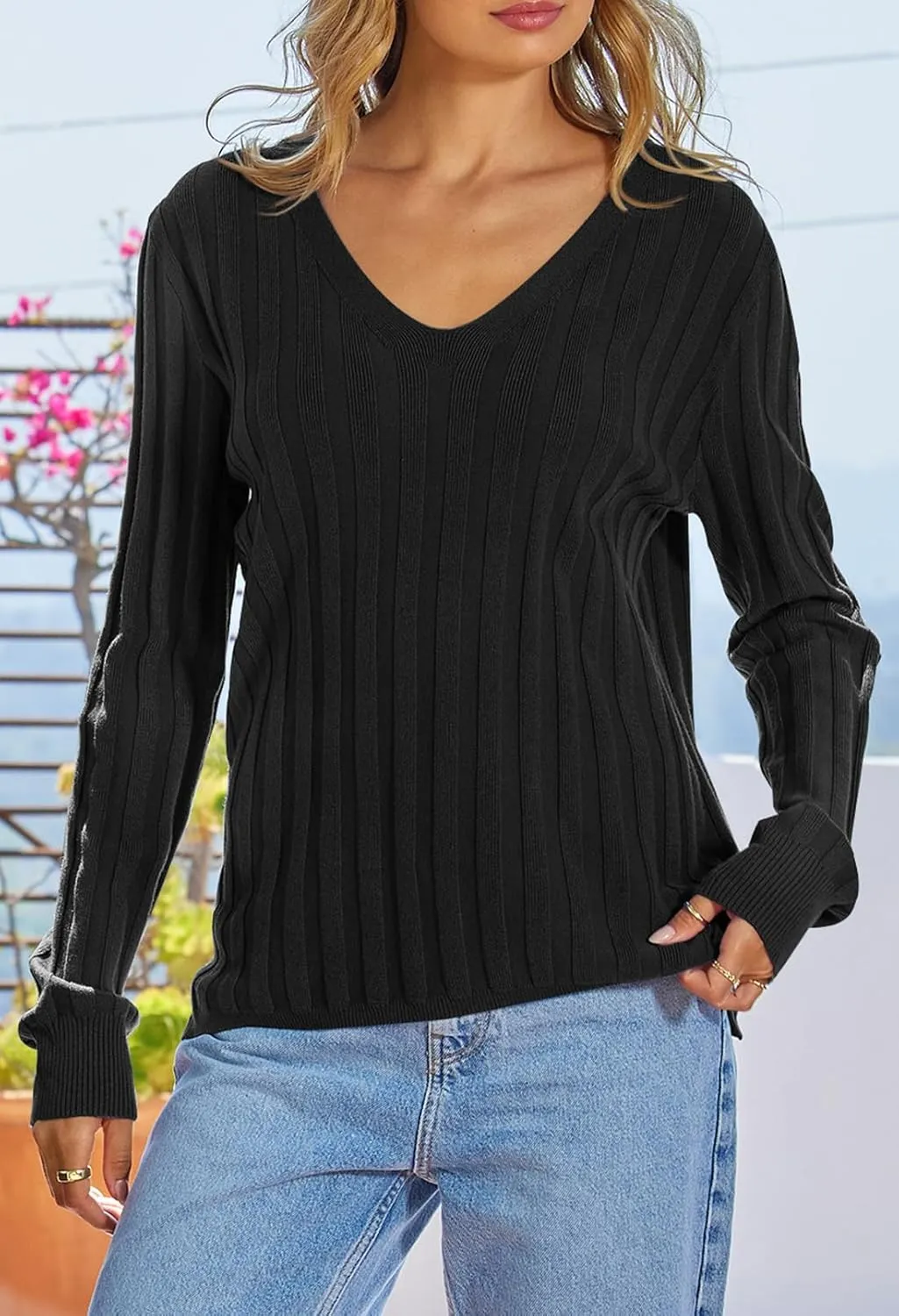 MEROKEETY Women's 2024 Fall V Neck Sweater Long Sleeve Ribbed Knit Casual Slim Fitted Pullover Top