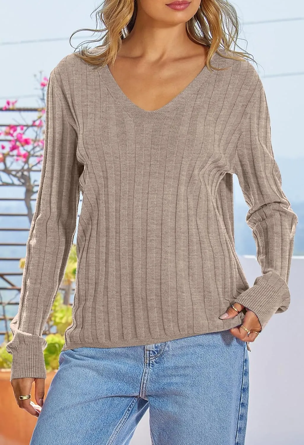 MEROKEETY Women's 2024 Fall V Neck Sweater Long Sleeve Ribbed Knit Casual Slim Fitted Pullover Top