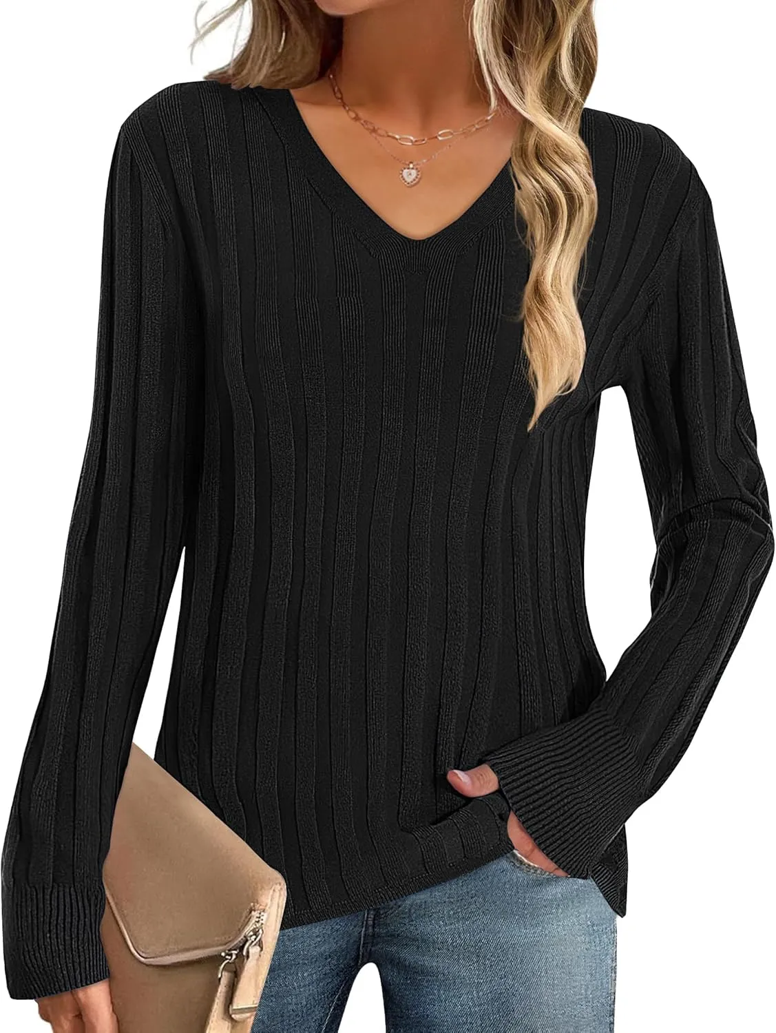 MEROKEETY Women's 2024 Fall V Neck Sweater Long Sleeve Ribbed Knit Casual Slim Fitted Pullover Top